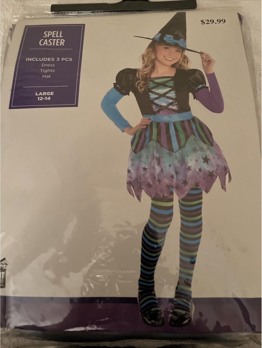 Witch Spell Caster Halloween Costume Child large 12-14, 3pc: Dress, Tights, Hat